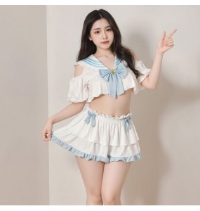 FEE ET MOI - Off-Shoulder Cut-Out Schoolgirl Outfit (Plus Size - Blue White)